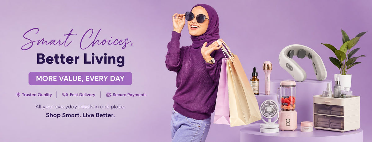 Smart Choices, Better Living. Woman in a purple hijab holding shopping bags beside a neck massager, serum, blender, fan and storage drawers.