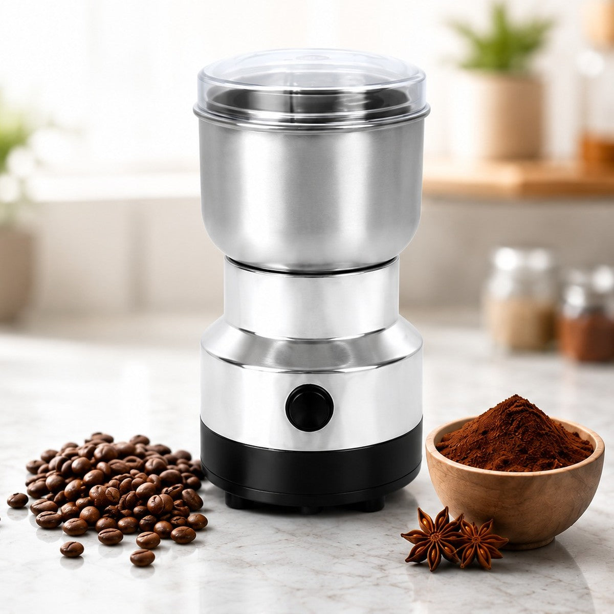 Grinder on a marble counter with coffee beans