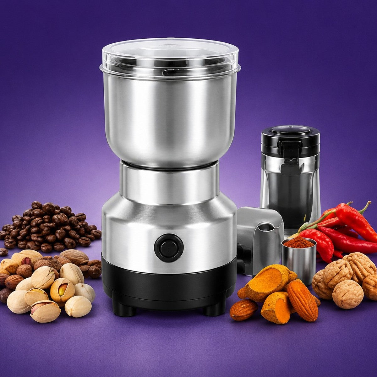 Grinder with coffee, nuts and spices on purple background