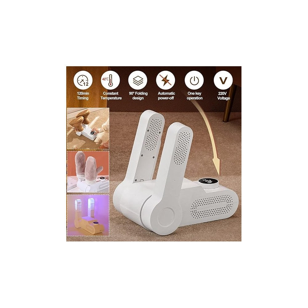 Compact shoe dryer stored on a shelf